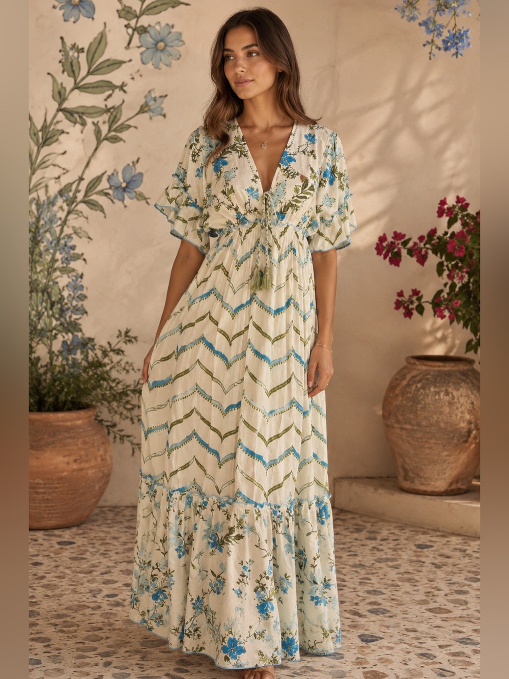 Boho White Maxi Dress with Gold Sequin Embellishments and Blue & Olive Accents